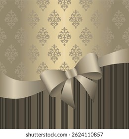 Elegant vintage background with golden bow and ribbon on luxury damask pattern, perfect for greeting cards, invitations, gift packaging, celebration designs and holiday templates