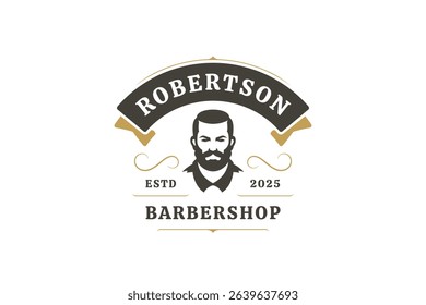 Elegant vintage barber shop logo featuring a male face portrait, classic typography, and retro design elements. Perfect for grooming services. Vector illustration