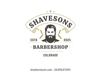 Elegant vintage barbershop logo featuring a male portrait, vintage razors, and a stylish emblem. Perfect for grooming services, fashion, and business branding. Vector illustration