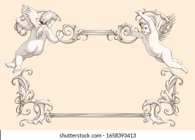Elegant vintage border frame with cupids for weddings, Valentine`s day and other holidays. Decorative element in the style of vintage engraving with Baroque ornament. Hand drawn vector illustration 