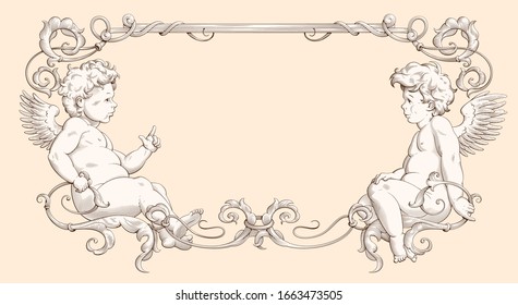 Elegant vintage border frame with cupids for weddings, Valentine`s day and other holidays. Decorative element in the style of vintage engraving with Baroque ornament. Hand drawn vector illustration 