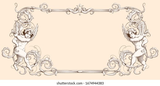 Elegant vintage border frame with cupids for weddings, Valentine`s day and other holidays. Decorative element in the style of vintage engraving with Baroque ornament. Hand drawn vector illustration 