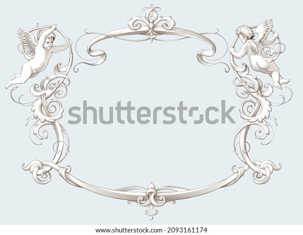Elegant vintage border frame with cupids\
for weddings, Valentine\'s day and other holidays. Decorative\
element in the style of vintage engraving with Baroque ornament.\
Vector illustration.