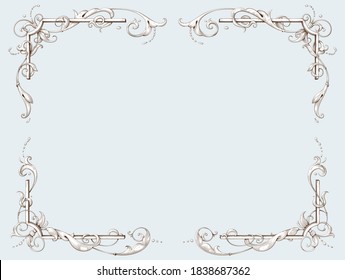 Elegant vintage border frame. Decorative element in the style of vintage engraving with Baroque ornament. Hand drawn vector illustration 