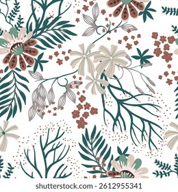 Elegant Vintage Botanical Seamless Pattern with Neutral Flowers and Terracotta Accents for Textile Print on Fabric