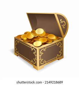 Elegante caja vintage llena de monedas de oro. Aislado en blanco. Ilustración vectorial.