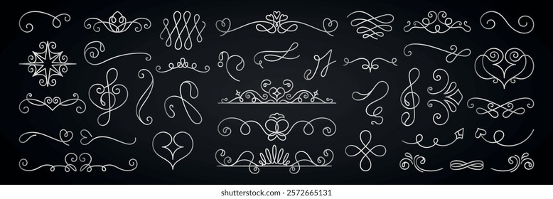 Elegant vintage calligraphic design elements on a dark background. Swirls, flourishes, and decorative ornaments. Perfect for invitations and classic designs. Hand drawn ornament vector set.