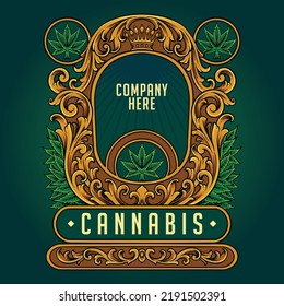 Elegant vintage cannabis crown badge with flourish ornate vector illustrations for your work logo, merchandise t-shirt, stickers and label designs, poster, greeting cards advertising business company