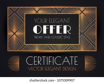 Elegant Vintage Card, Flyer, Sertificare and Invitation Template in Art Deco Style. Black, White and Gold Luxury Design. Vip Voucher. Vector illustration