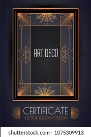 Elegant Vintage Card, Flyer, Sertificare and Invitation Template in Art Deco Style. Black, White and Gold Luxury Design. Vip Voucher. Vector illustration