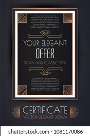 Elegant Vintage Card, Flyer, Sertificare and Invitation Template in Art Deco Style. Black, White and Gold Luxury Design. Vip Voucher. Vector illustration