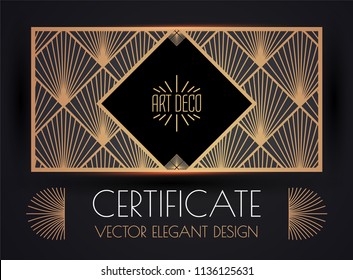 Elegant Vintage Card, Flyer, Sertificare and Invitation Template in Art Deco Style. Black, White and Gold Luxury Design. Vip Voucher. Vector illustration