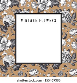Elegant Vintage card with various garden flowers. Flowers roses, dog-rose hydrangea in gold color. Vector illustration