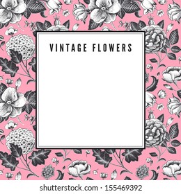 Elegant Vintage card with various garden flowers. Flowers roses, dog-rose hydrangea in pink color. Vector illustration