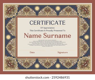 Elegant vintage certificate template inspired by Bali and Java, featuring Barong mask, Wayang, and intricate floral ornaments. Perfect for diplomas, awards, appreciation, and official documents.