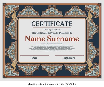 Elegant vintage certificate template with intricate floral and bird medieval border. Perfect for diplomas, awards, invitations. Classic ornamental background for professional or decorative use.