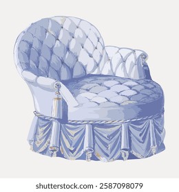 Elegant vintage chair with tufted upholstery. Luxurious chair design with tassels. Classic chair style with tufted details and tassels. Vintage charm. Vintage art illustration, vector.