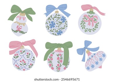 Elegant vintage Christmas ornaments with floral patterns and bows in soft pastel colors. Perfect for holiday decor, greeting cards, and festive designs. Vector hand drawn stickers on white background