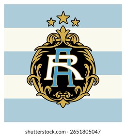Elegante vintage crista com letras AR entrelaçadas, quadro de ouro barroco, fundo da bandeira branca e azul céu e três estrelas. Perfeito para marcas de luxo, patrimônio ou futebol