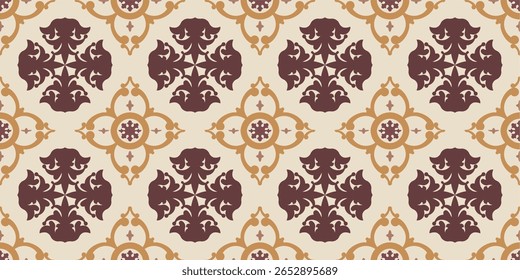Elegant vintage damask design with intricate floral motifs in rich burgundy and golden beige tones. Inspired by classical European textile and wallpaper styles. Fit for home décor, fabric and more. 