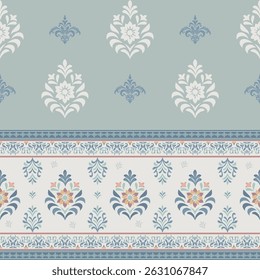 Elegant vintage damask floral pattern in soft blue and ivory tones, with alternating sections and intricate decorative borders.