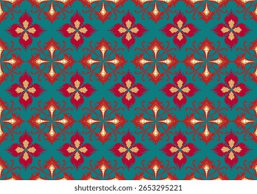 Elegant vintage damask pattern featuring red and gold floral motifs on a teal background. This seamless ornamental design is perfect for wallpapers, textiles, luxury packaging