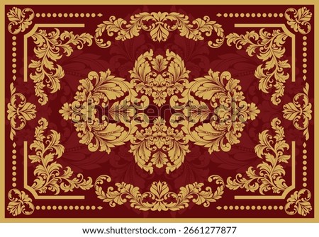 Elegant vintage damask pattern in gold and burgundy with ornate floral elements and baroque-style symmetrical decorations.