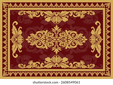 Elegant vintage damask pattern rug design in gold and burgundy, perfect for classic interiors, textiles, and digital decorative projects.