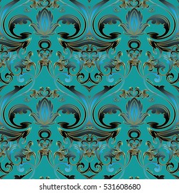 Elegant vintage damask seamless pattern. Modern floral background. Luxury ornate damask wallpaper. Decorative  3d flowers, leaves and vintage ornaments in Baroque style.Vector fabric pattern texture.