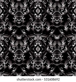 Elegant vintage damask seamless pattern. Modern floral background. Luxury baroque wallpaper. Ornate 3d flowers, leaves and vintage ornaments in Baroque style.Vector fabric black pattern texture.