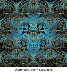 Elegant vintage damask seamless pattern. Modern floral background. Luxury ornate baroque wallpaper. Decorative  3d flowers, leaves and vintage ornaments in Baroque style.Vector fabric pattern texture.