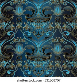 Elegant vintage damask seamless pattern. Modern floral background. Luxury ornate baroque wallpaper. Decorative  3d flowers, leaves and vintage ornaments in Baroque style.Vector fabric pattern texture.