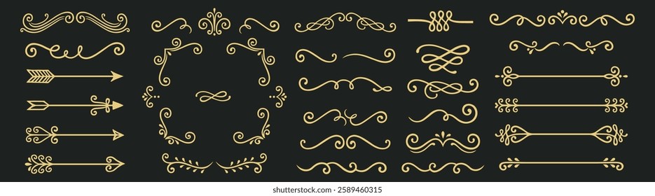 Elegant vintage decorative elements set. Flourishes, swirls, and arrows in ornate design. Perfect for invitations, borders, and elegant projects. Hand drawn illustrations, vector set.