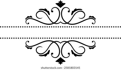 Elegant vintage decorative swirls forming a refined frame with dotted lines, enhancing wedding invitations, menus, and various sophisticated design projects