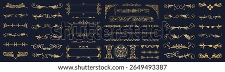 Elegant vintage dividers and frames in gold. Ornate dividers and frames for decoration. Classic gold dividers and frames for design projects. Ornamental vector set.