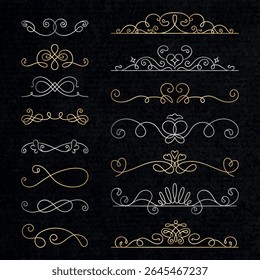 Elegante vintage divisores em ouro e prata. Divisores decorativos com redemoinhos e cachos. Perfeito para projetos vintage e decoração clássica. Divisores ornamentados e elegantes. Conjunto de vetores de ornamento desenhado à mão.