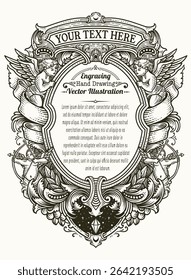 Elegant vintage engraving vector frame featuring cherubs and customizable text areas. Ideal for invitations, certificates, or luxury branding.