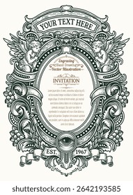 Elegant vintage engraving vector frame featuring cherubs, an all-seeing eye, and customizable text areas. Ideal for invitations, certificates, or luxury branding.
