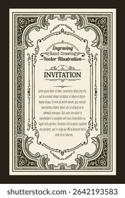 Elegant vintage engraving vector template for invitations. Features highly detailed ornate borders and decorative elements. Easily customizable text areas.