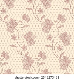 Elegant Vintage Floral Pattern with Diamond Mesh Background – Intricate Line Art for Sophisticated Textile and Decorative Design