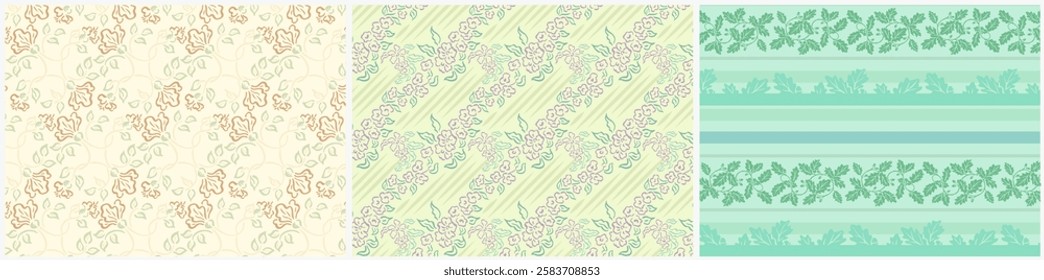 Elegant vintage floral pattern set in soft pastel tones. The subtle color palette and elegant line work give the designs.