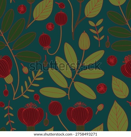 Elegant vintage floral seamless pattern featuring stylized red blooms, berries, and forest green foliage on a deep teal background for textiles.