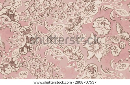 Elegant vintage floral seamless pattern in dusty pink and pastel rose tones. Intricate antique botanical background with damask, paisley, and baroque style details for textile, fabric, and luxury wallpaper.