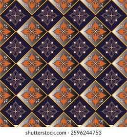 Elegant Vintage Floral Tile Pattern, Geometric Damask Design, Classic Vintage Floral Tile Pattern for Home Decor, High Quality Vintage Floral Tile Pattern for Interior Design and Textile Applications.