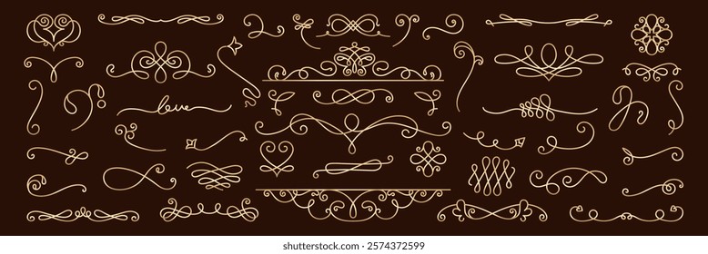 Elegant vintage flourishes and swirls on a brown background. Decorative flourishes, swirls, and ornate elements for vintage design. Flourishes and swirls for decoration.