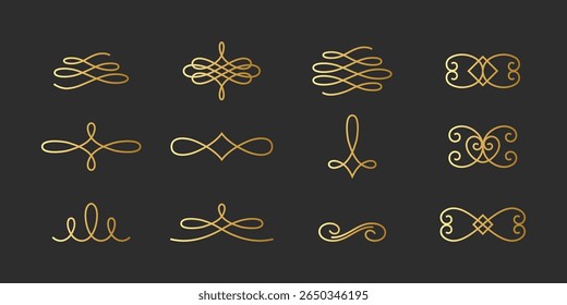 Elegant vintage flourishes and swirls in shiny gold gradient. Vector set of decorative calligraphic elements. Classic ornaments for wedding and luxury design.