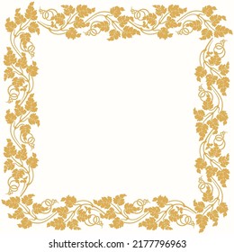 Elegant vintage frame of golden grape leaves on a white background. Vector illustration