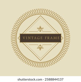 Elegant vintage frame with intricate golden ornamentation on a light background. The design features a symmetrical circular pattern with a diamond-shaped centerpiece. Vector illustration