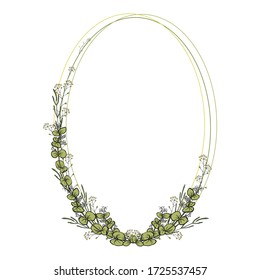 Elegant vintage frame of oval lines and floral elements for the design of greetings, invitations, packaging design of natural cosmetics. Hand drawing vector isolated.