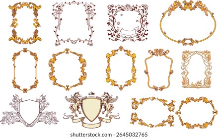 Elegante vintage conjunto de quadros. Barroco, rococó, heráldico e bordas ornamentais góticas. Bordas de rolagem florais reais e rótulos decorativos. Ideal para convites, rótulos, certificados, emblema heráldico, logotipo